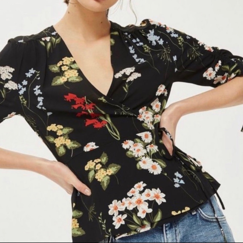 TOPSHOP | Black Floral Print Wrap Top size 10